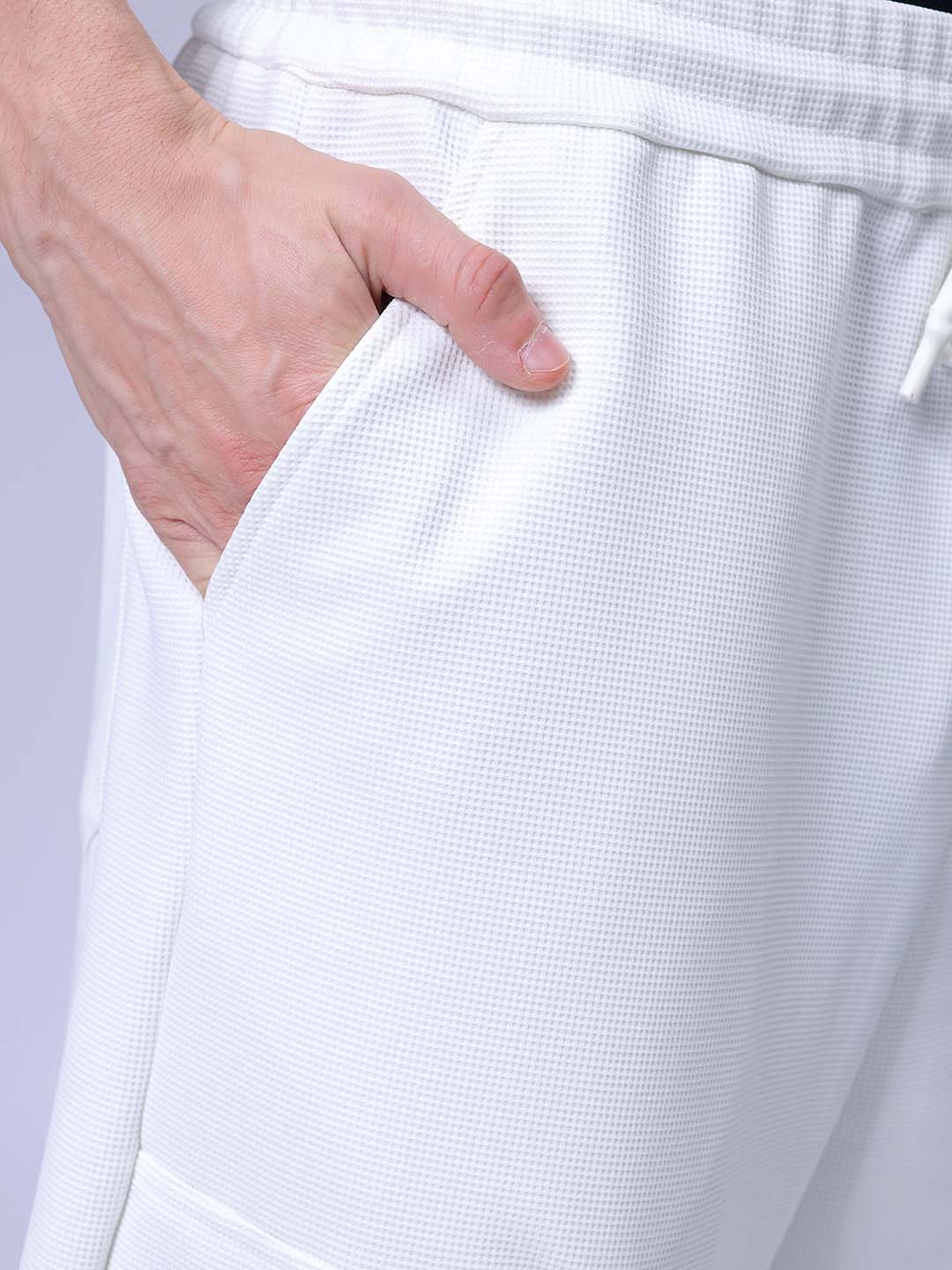 Men's White Loose Wide Leg Solid Mid-Rise Elasticated Utility Cargo Joggers