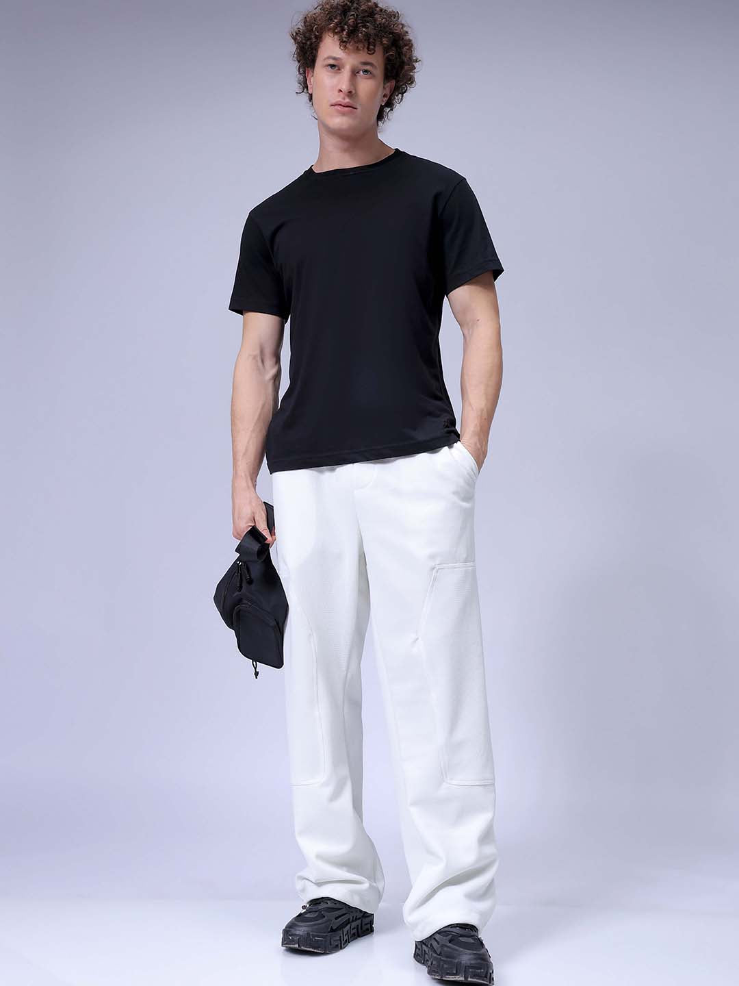 Men's White Loose Wide Leg Solid Mid-Rise Elasticated Utility Cargo Joggers