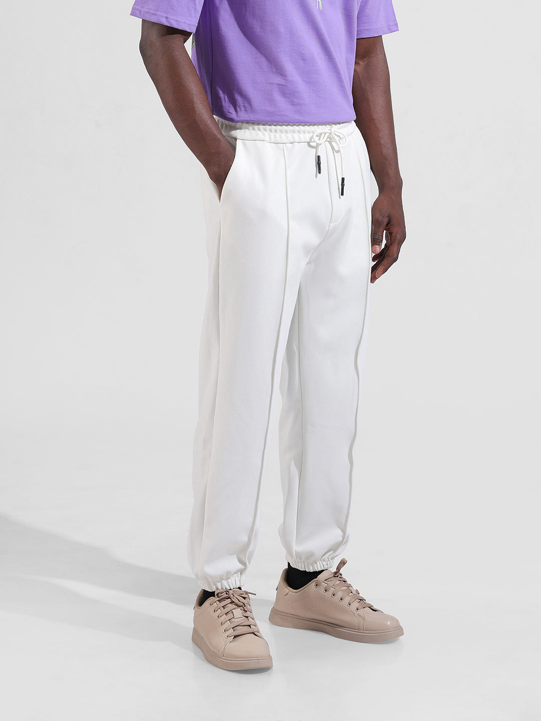 Men White Loose Fit  Solid Joggers