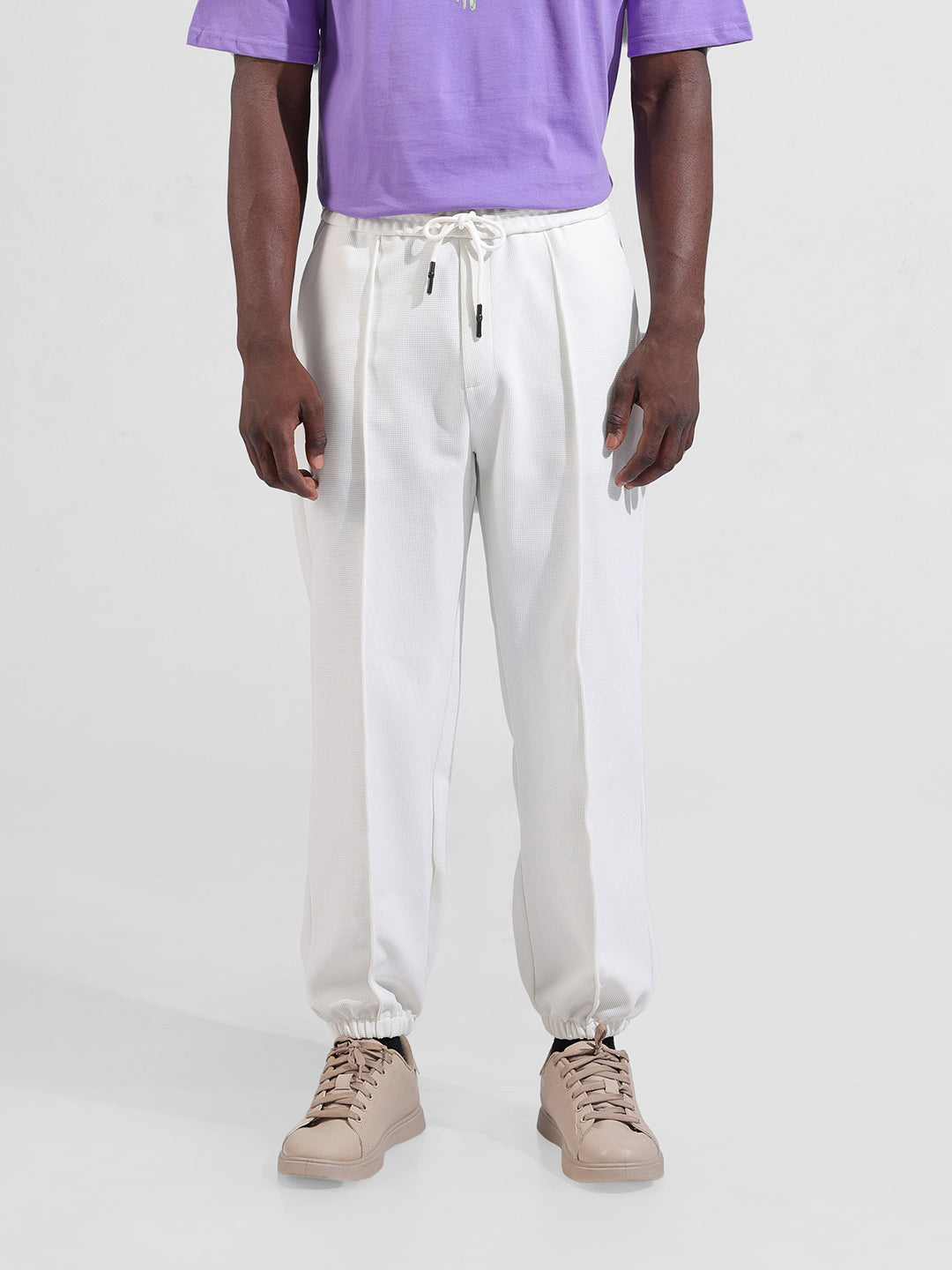 Men White Loose Fit  Solid Joggers