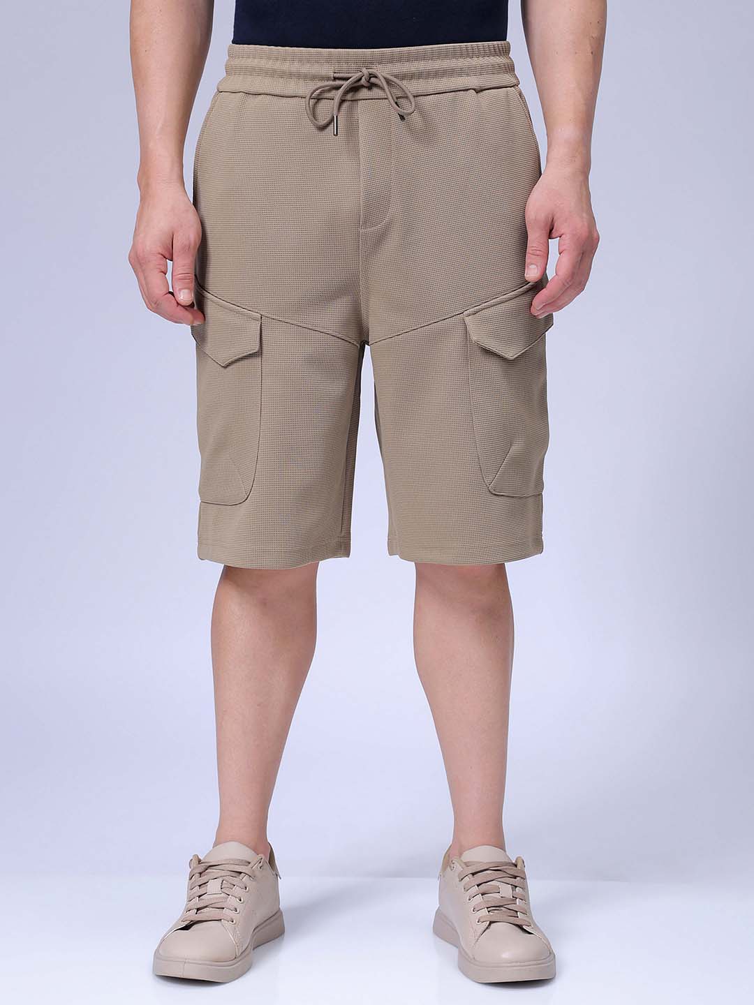 Men's Khaki Relaxed Fit Textured Shorts