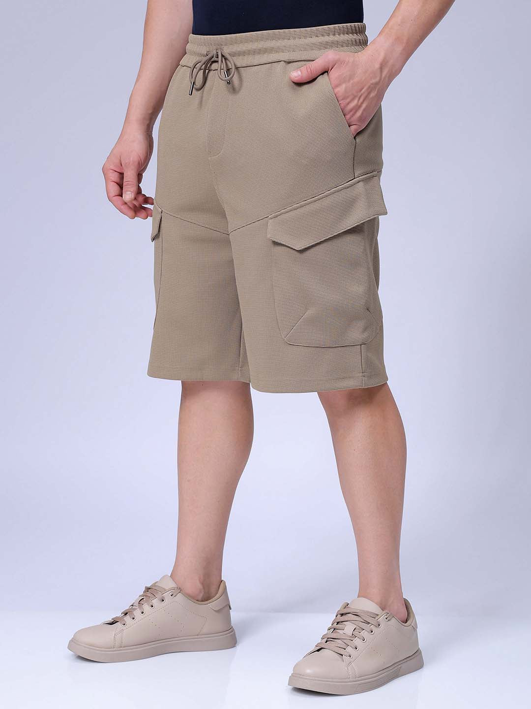 Men's Khaki Relaxed Fit Textured Shorts