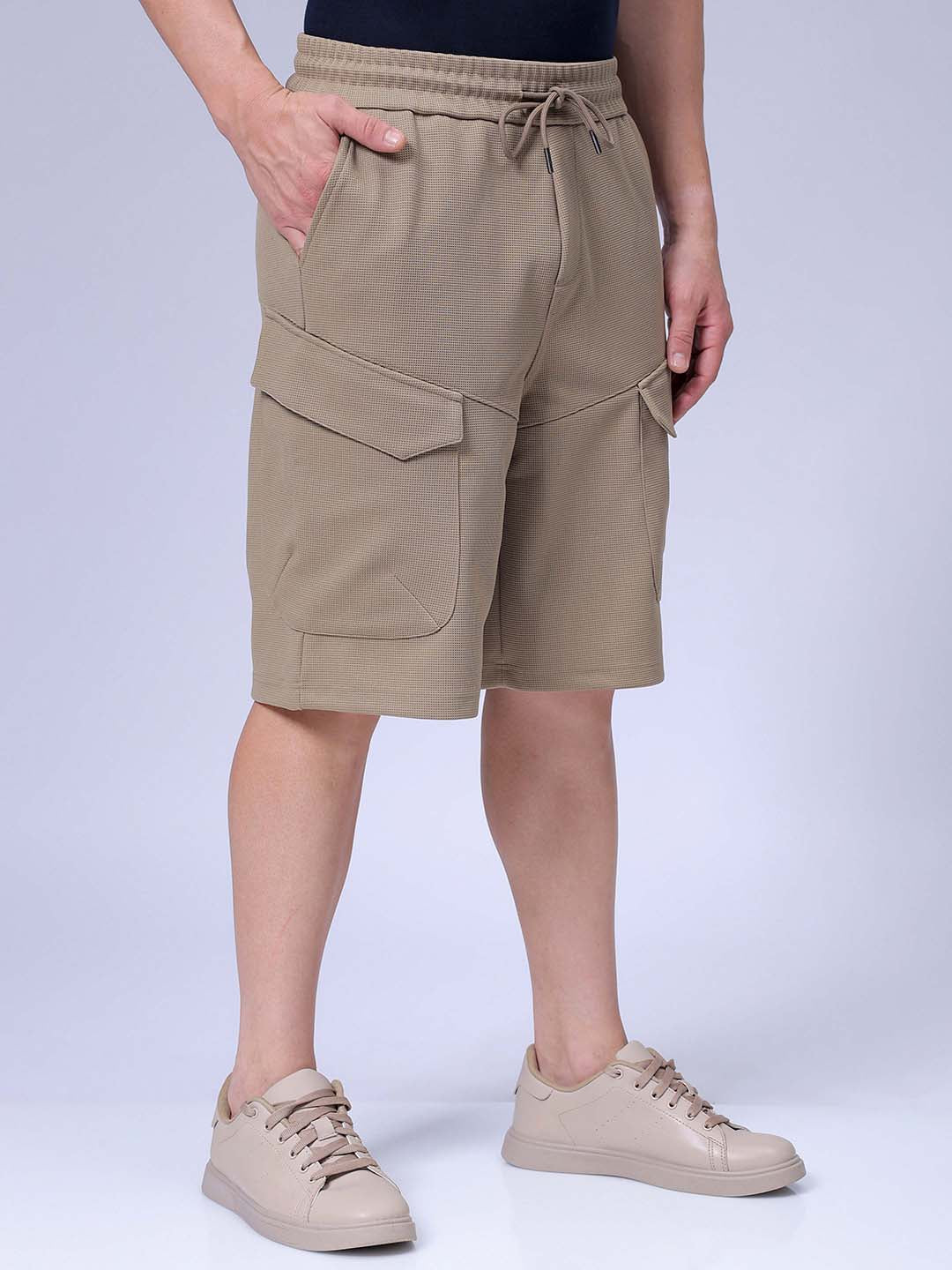Men's Khaki Relaxed Fit Textured Shorts