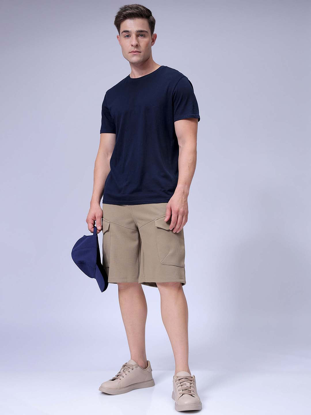 Men's Khaki Relaxed Fit Textured Shorts