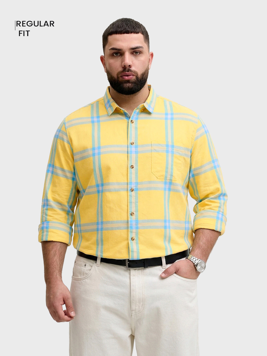 Men's Yellow Regular Fit Checkered Casual Shirt