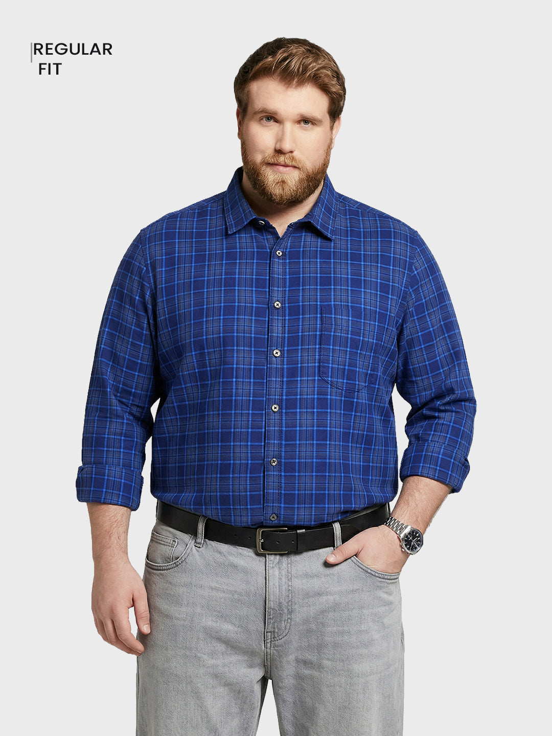 Men's Navy Blue Regular Fit Checkered Casual Shirt