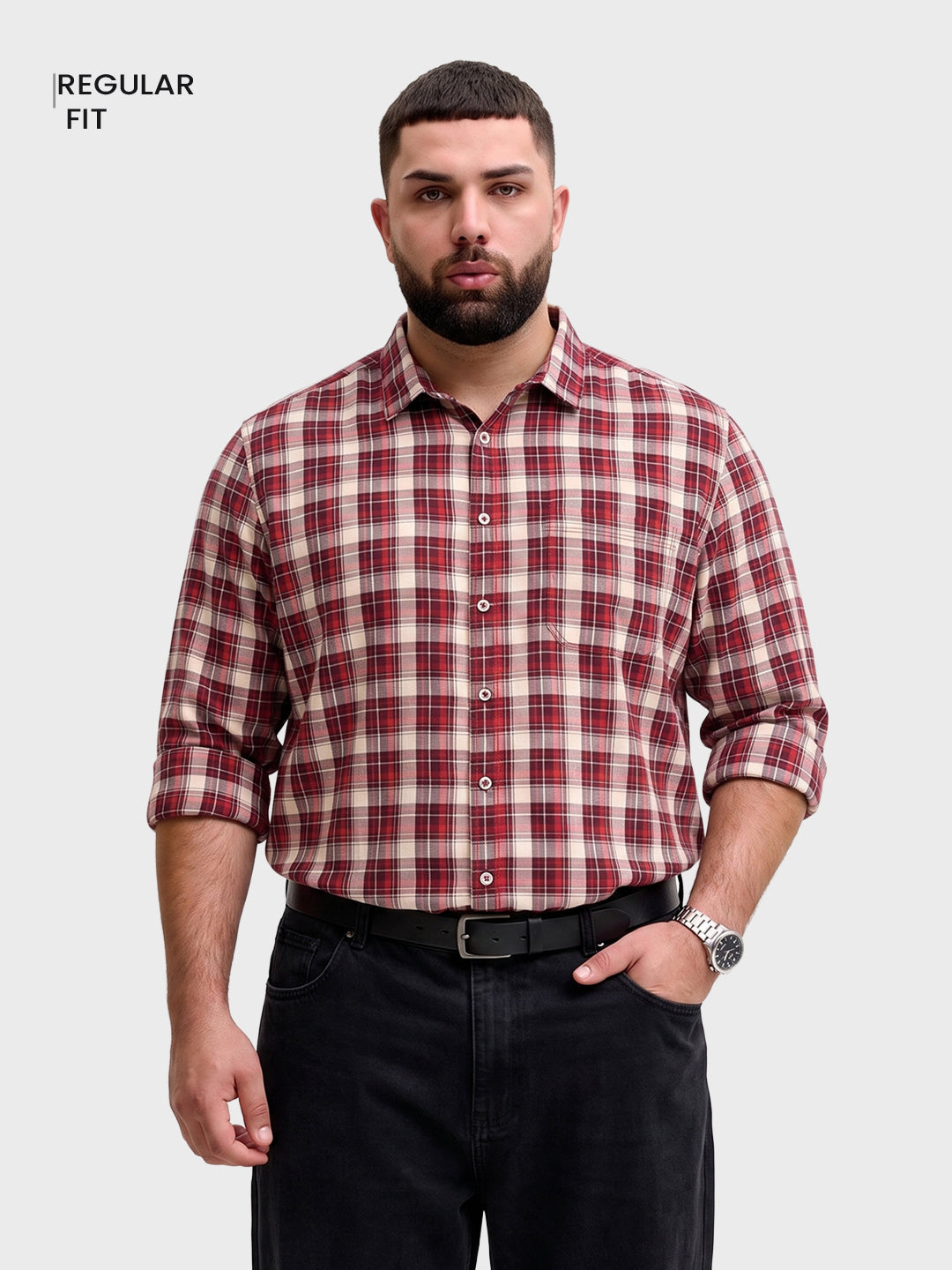 Men's Maroon Regular Fit Checkered Casual Shirt