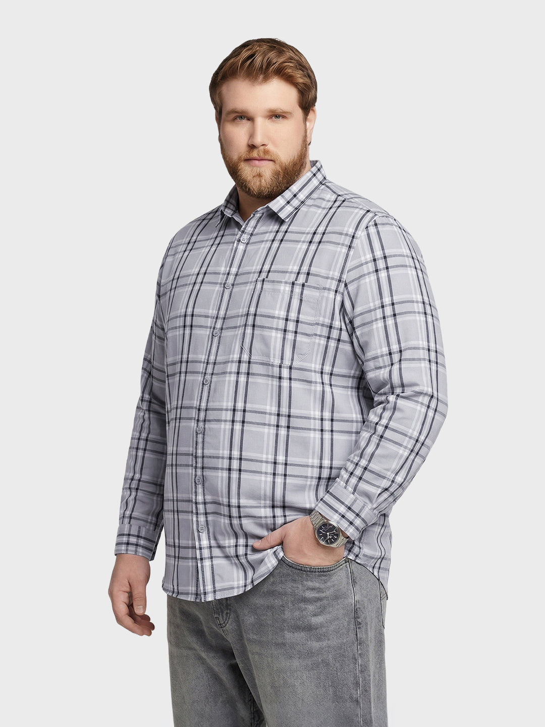 Men's Grey Regular Fit Checkered Casual Shirt