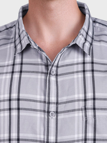 Men's Grey Regular Fit Checkered Casual Shirt