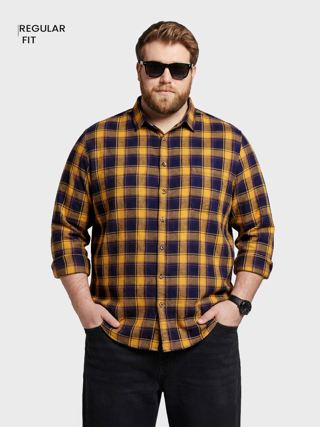 Men's Yellow Regular Fit Checkered Casual Shirt