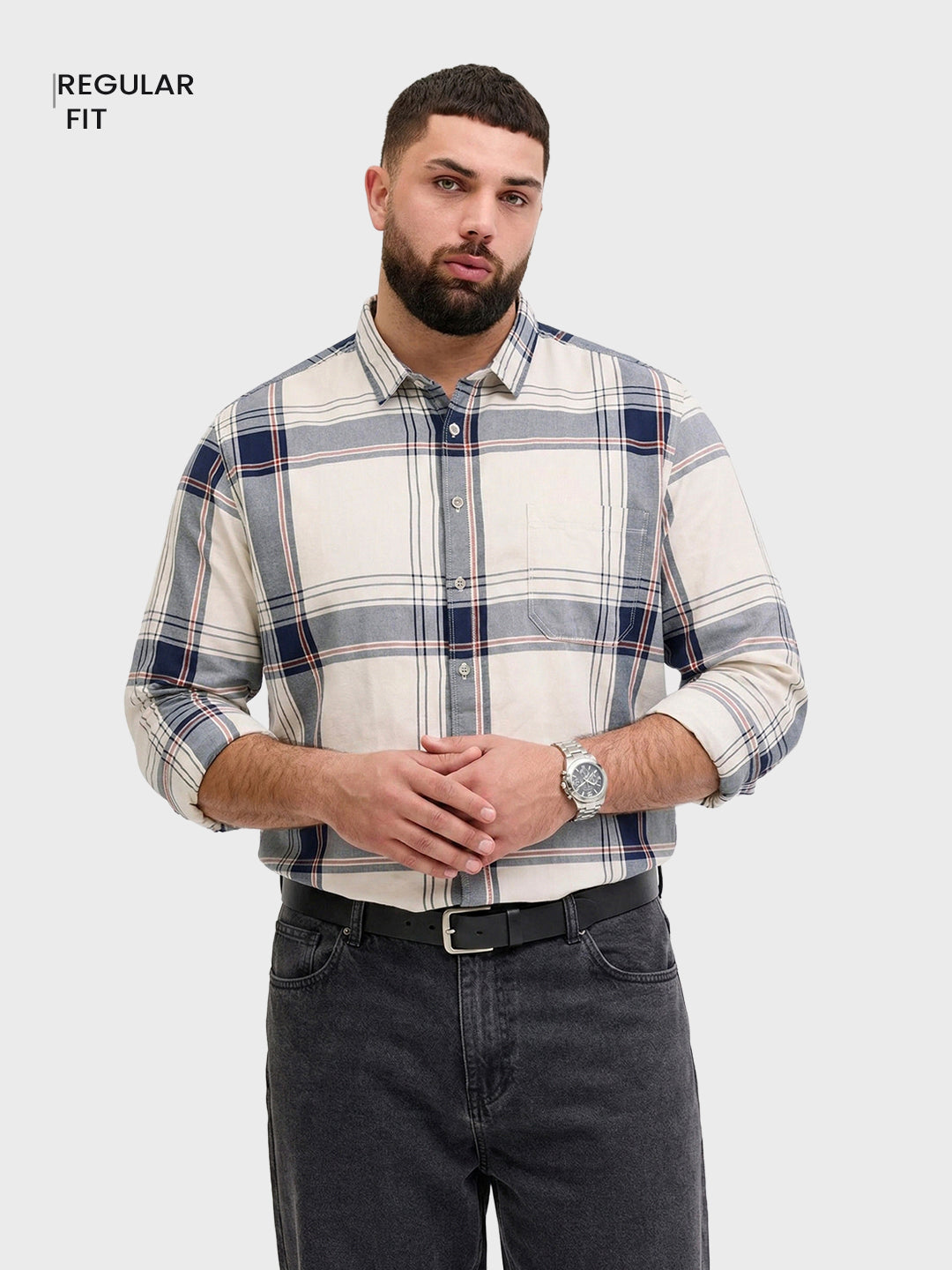 Men's Cream Regular Fit Checkered Casual Shirt