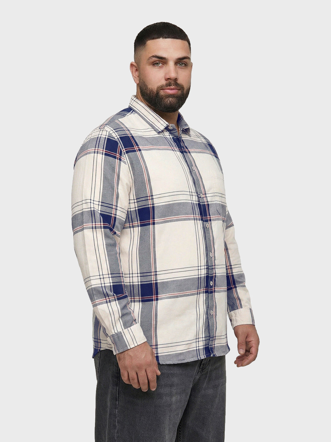 Men's Cream Regular Fit Checkered Casual Shirt
