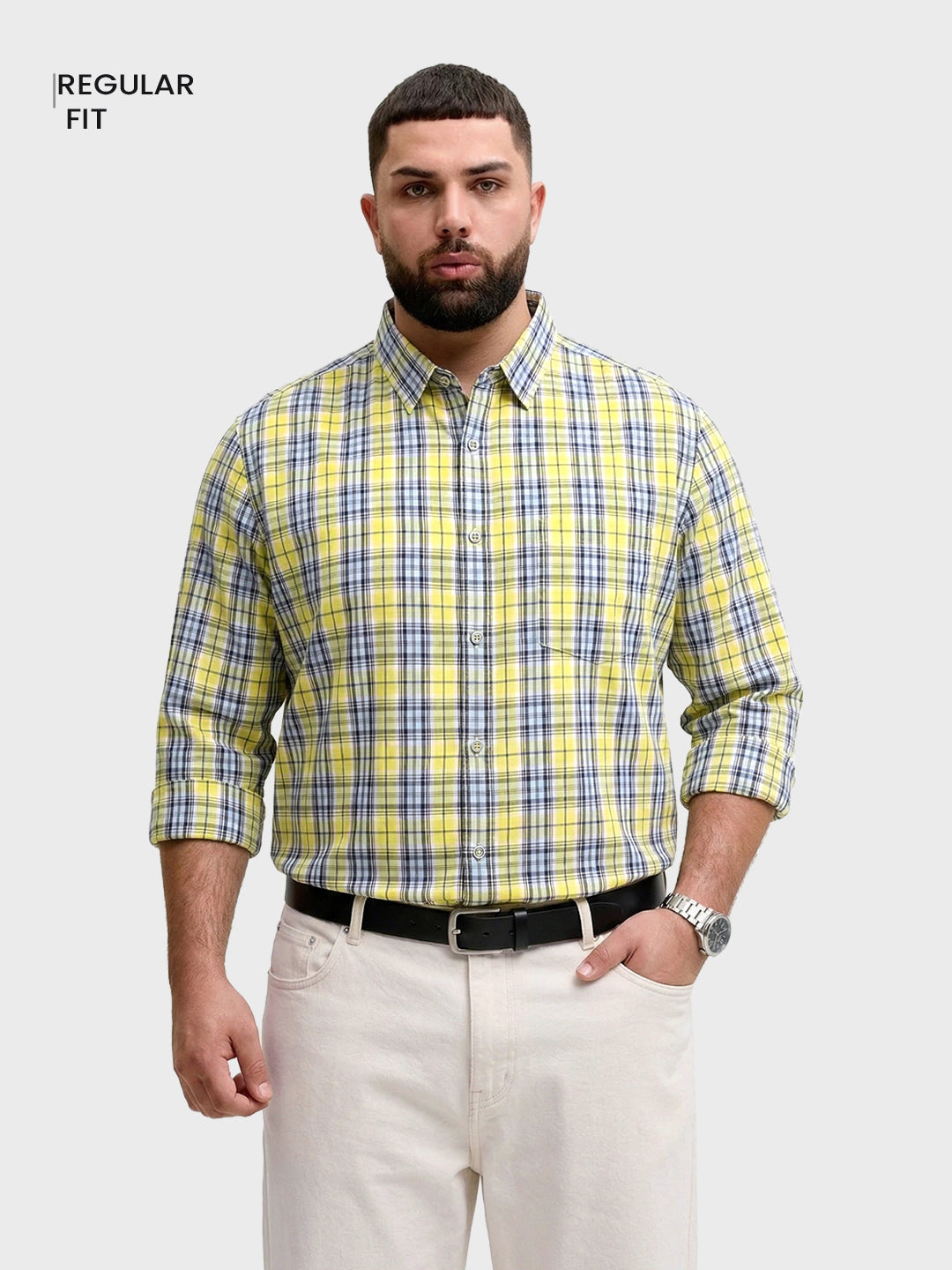Men's Yellow Regular Fit Checkered Casual Shirt