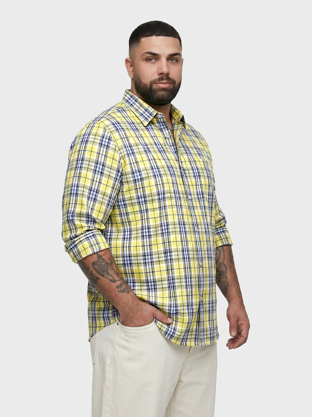 Men's Yellow Regular Fit Checkered Casual Shirt