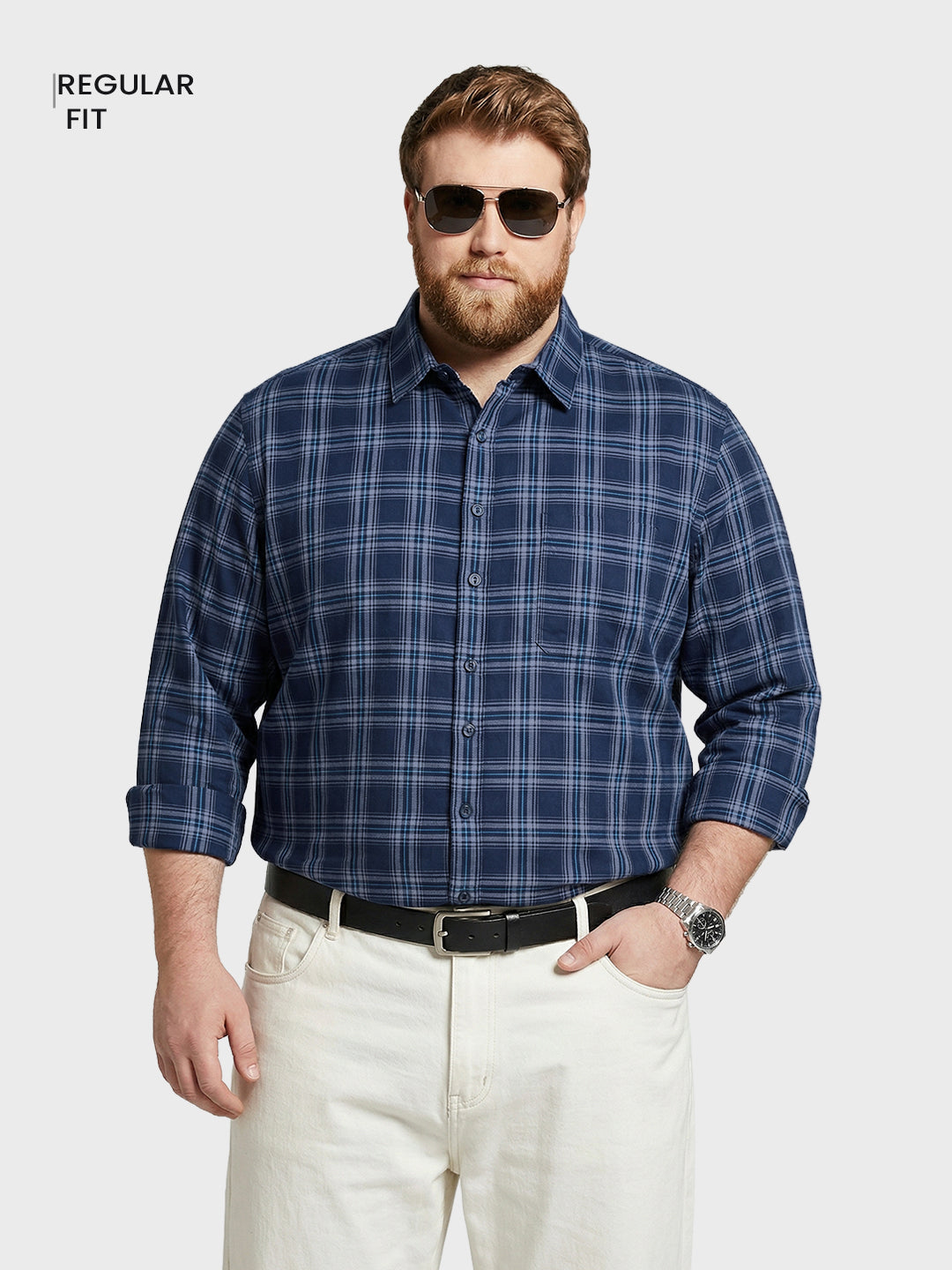 Men's Navy Blue Regular Fit Checkered Casual Shirt