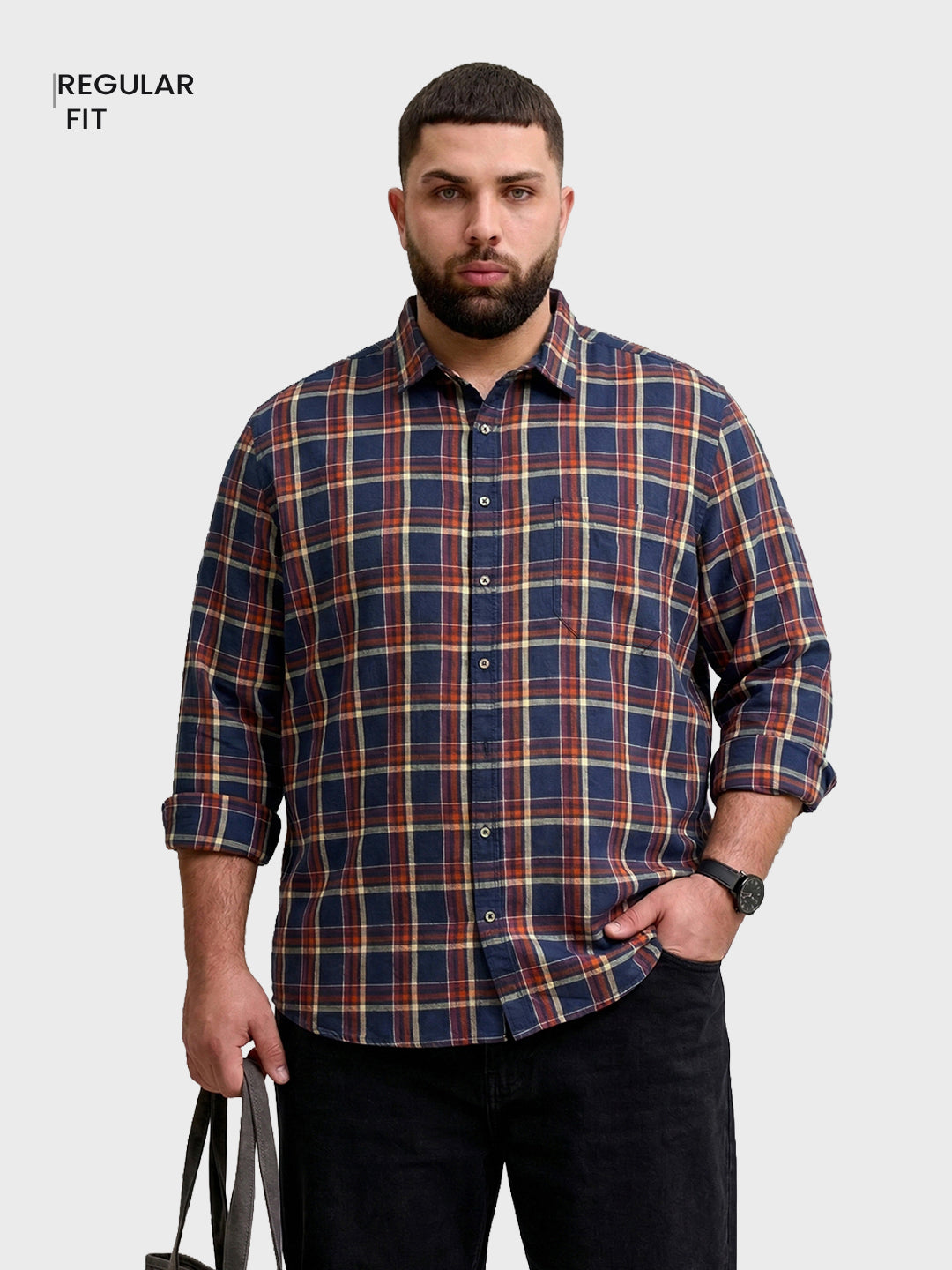 Men's Navy Blue Regular Fit Checkered Casual Shirt