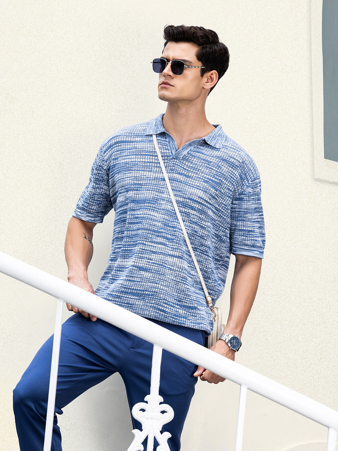 Men's Blue Oversized Fit Textured Flat Knit Polo Collar T-Shirt