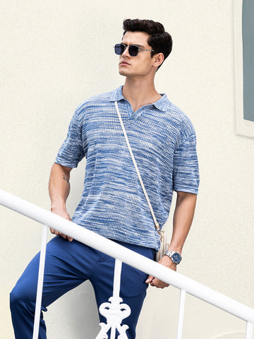 Men's Blue Oversized Fit Textured Flat Knit Polo Collar T-Shirt