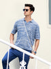 Men's Blue Oversized Fit Textured Flat Knit Polo Collar T-Shirt