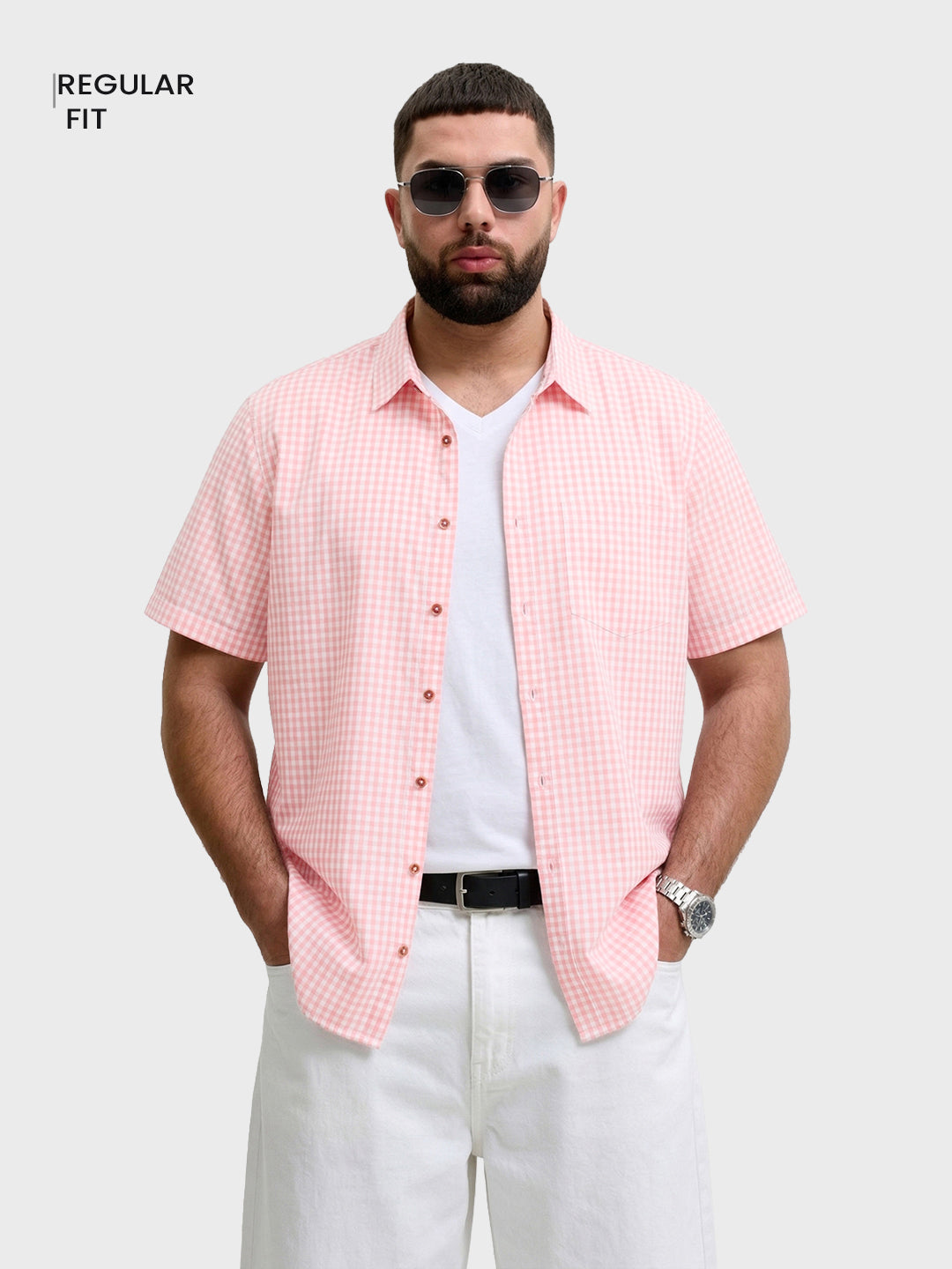 Men's Pink Regular Fit Checkered Casual Shirt