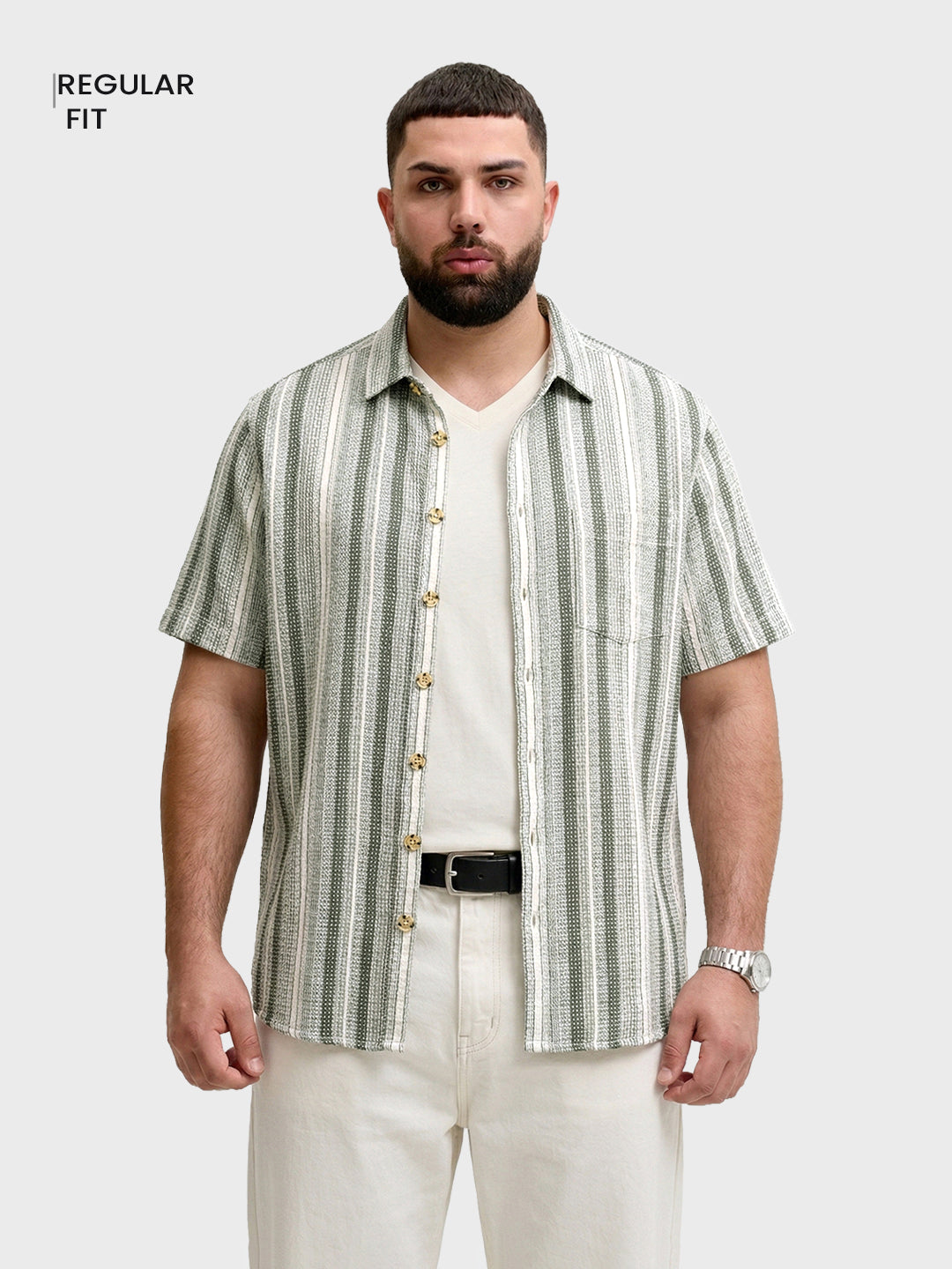 Men's Cream Regular Fit Striped Casual Shirt