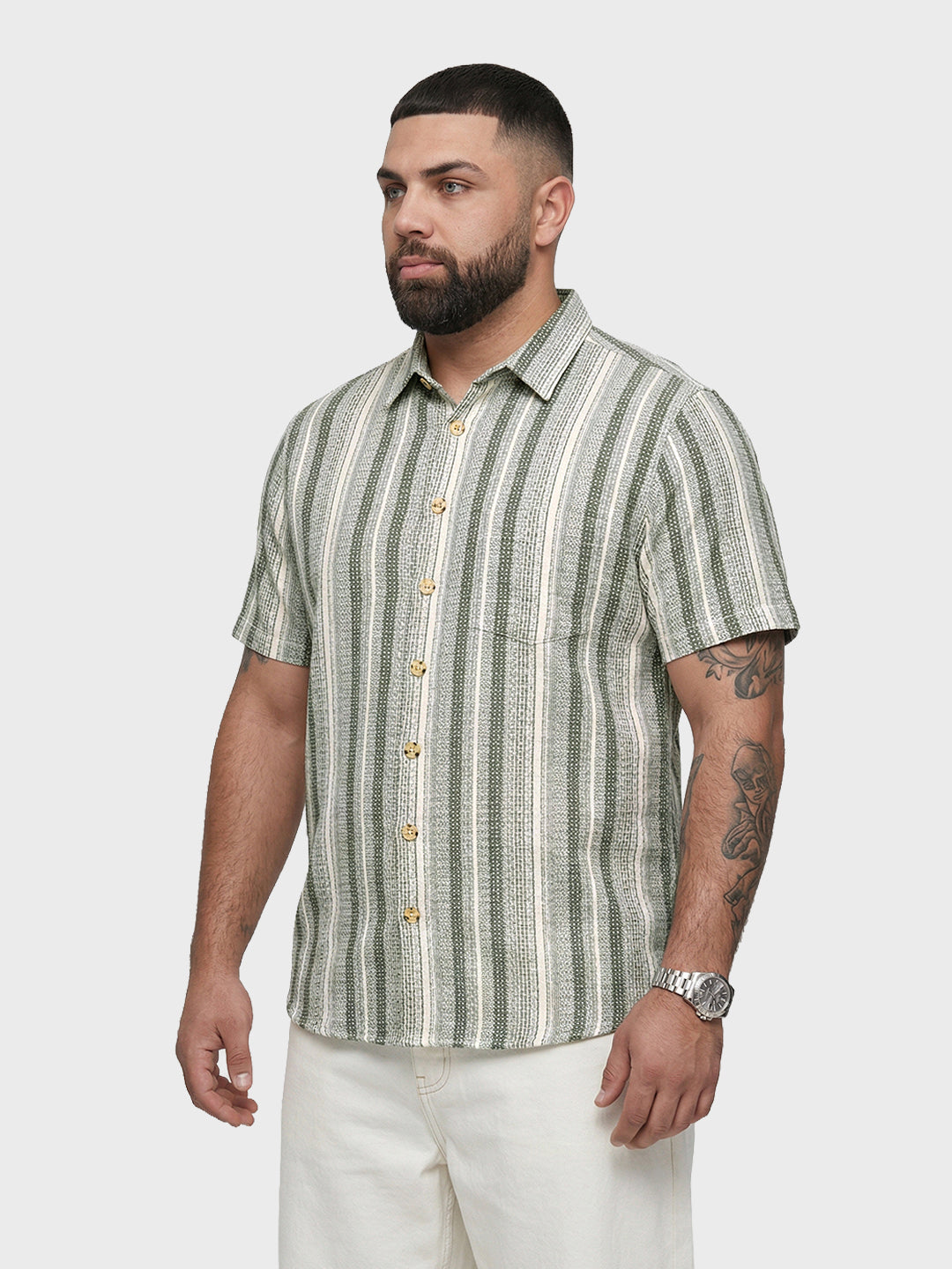 Men's Cream Regular Fit Striped Casual Shirt