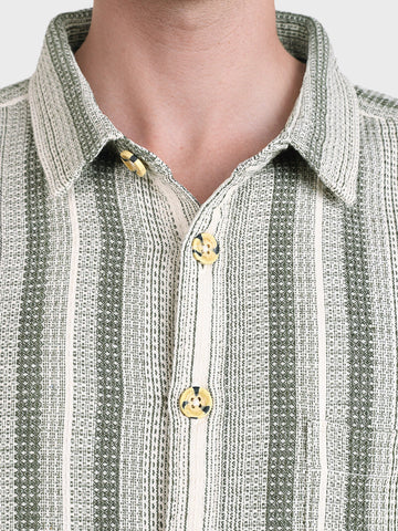 Men's Cream Regular Fit Striped Casual Shirt