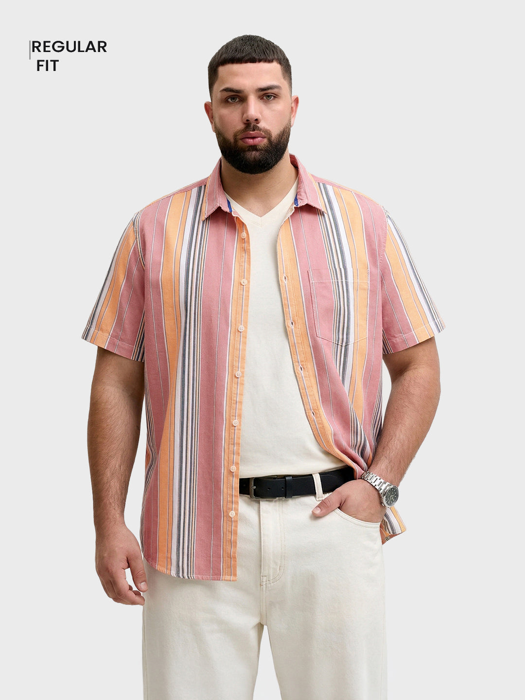 Men's Pink Regular Fit Striped Casual Shirt
