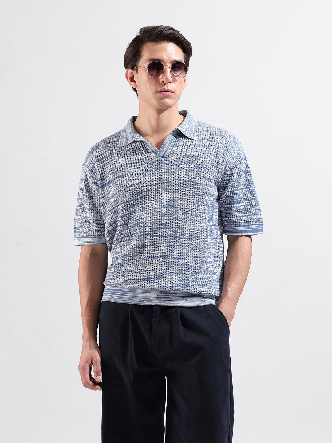 Men's Blue Oversized Fit Textured Flat Knit Polo Collar T-Shirt