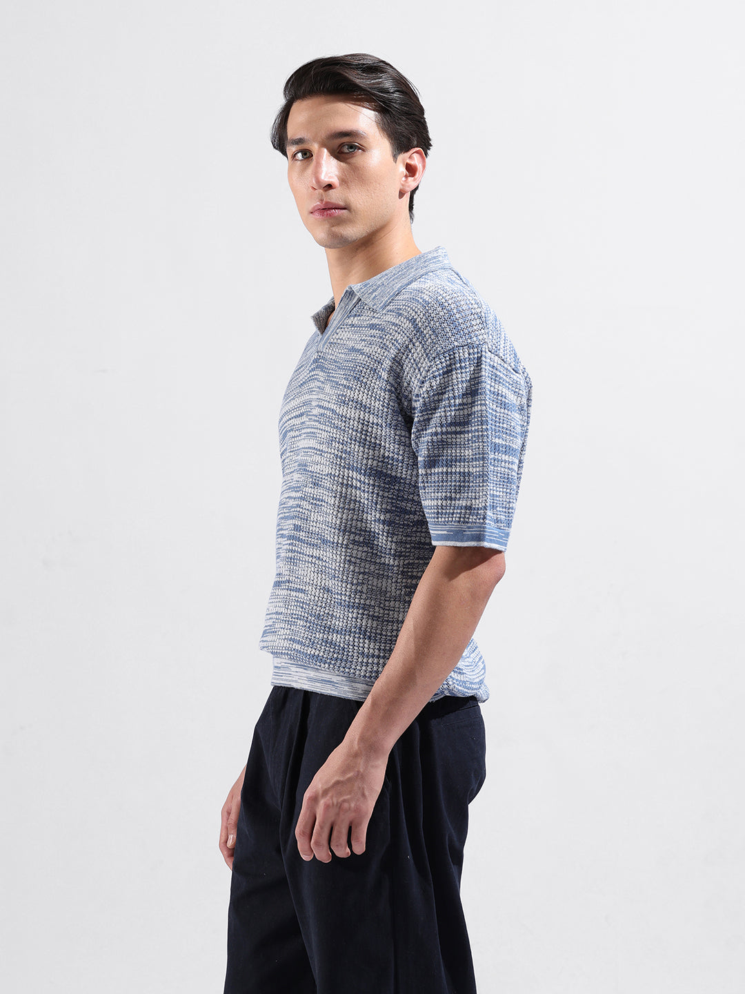 Men's Blue Oversized Fit Textured Flat Knit Polo Collar T-Shirt