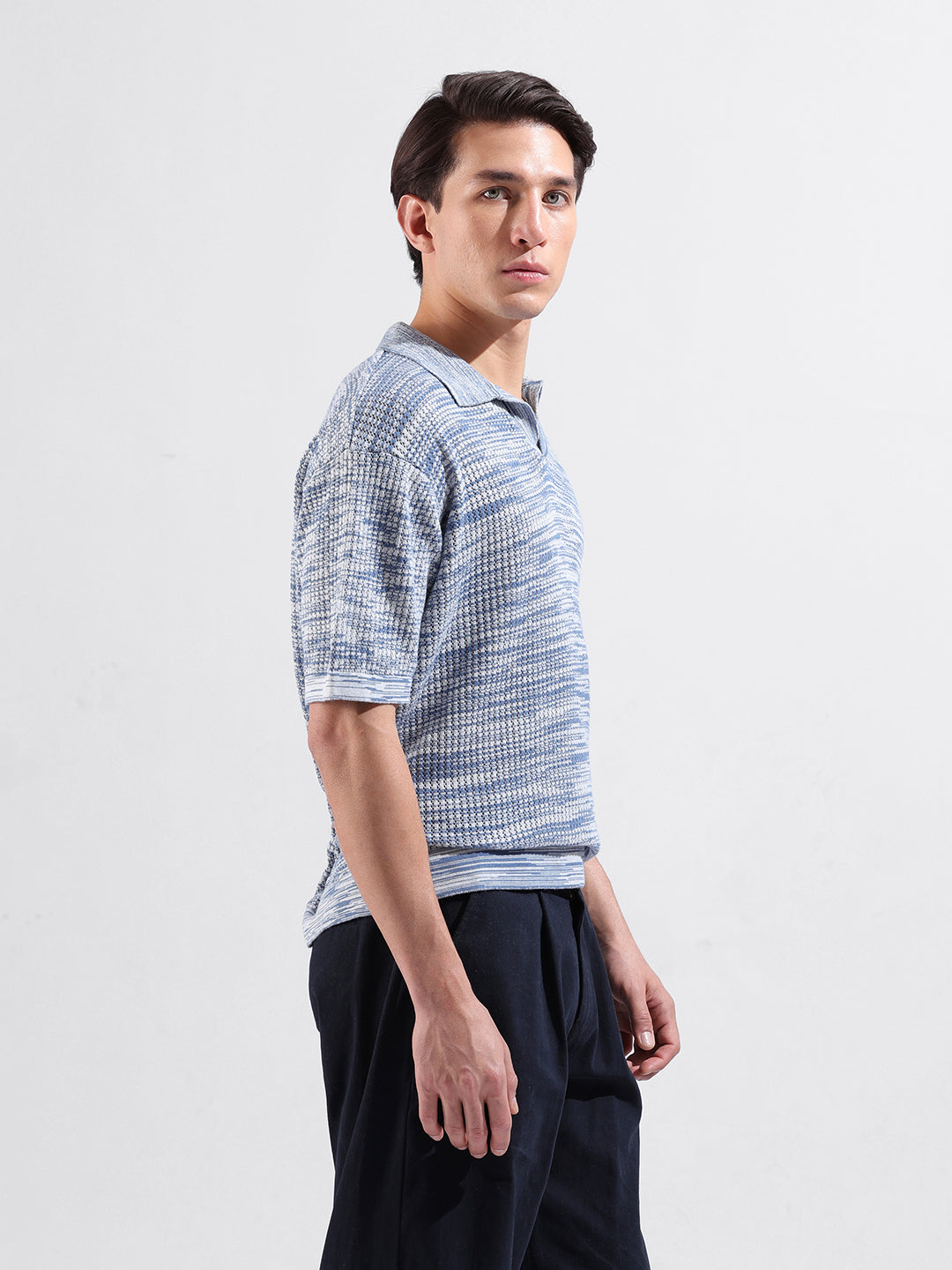 Men's Blue Oversized Fit Textured Flat Knit Polo Collar T-Shirt
