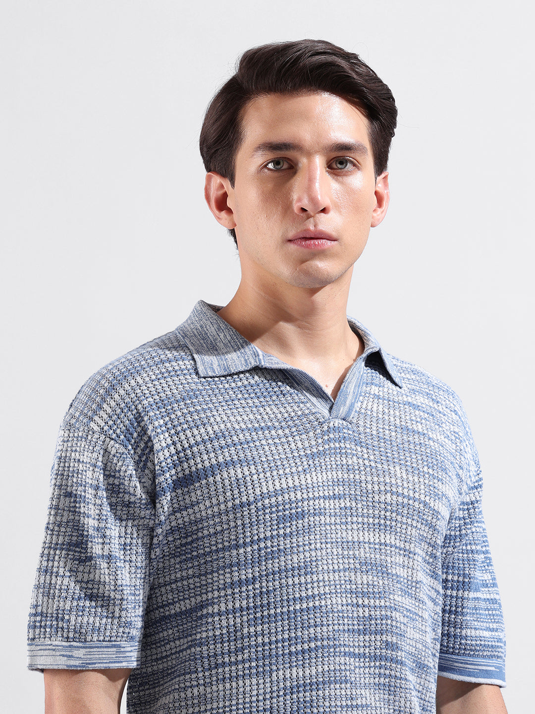 Men's Blue Oversized Fit Textured Flat Knit Polo Collar T-Shirt
