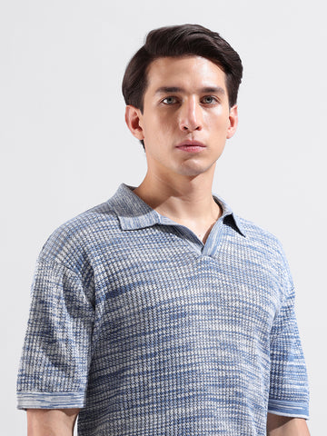 Men's Blue Oversized Fit Textured Flat Knit Polo Collar T-Shirt