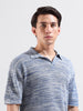 Men's Blue Oversized Fit Textured Flat Knit Polo Collar T-Shirt