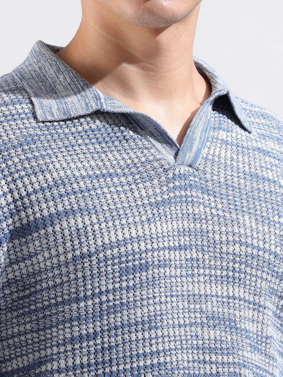 Men's Blue Oversized Fit Textured Flat Knit Polo Collar T-Shirt