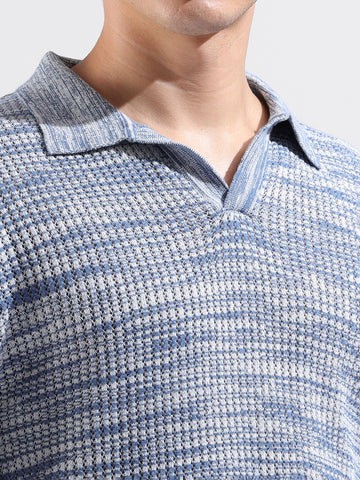 Men's Blue Oversized Fit Textured Flat Knit Polo Collar T-Shirt