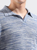 Men's Blue Oversized Fit Textured Flat Knit Polo Collar T-Shirt
