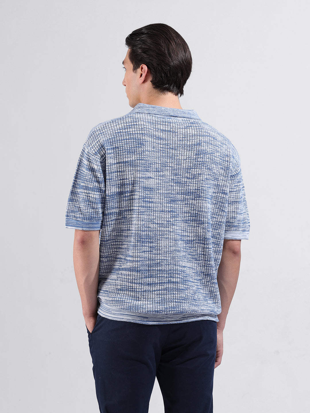 Men's Blue Oversized Fit Textured Flat Knit Polo Collar T-Shirt