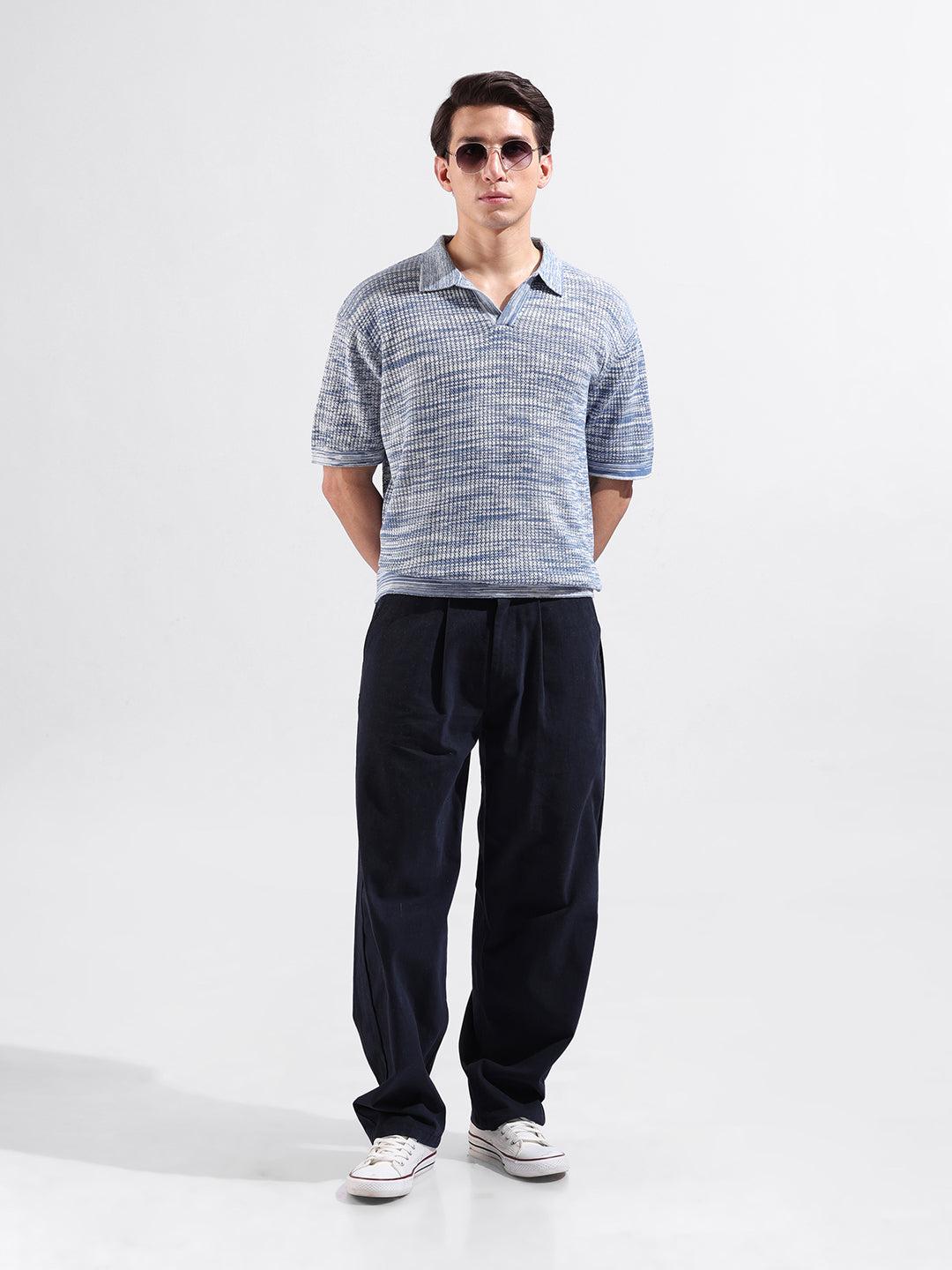 Men's Blue Oversized Fit Textured Flat Knit Polo Collar T-Shirt