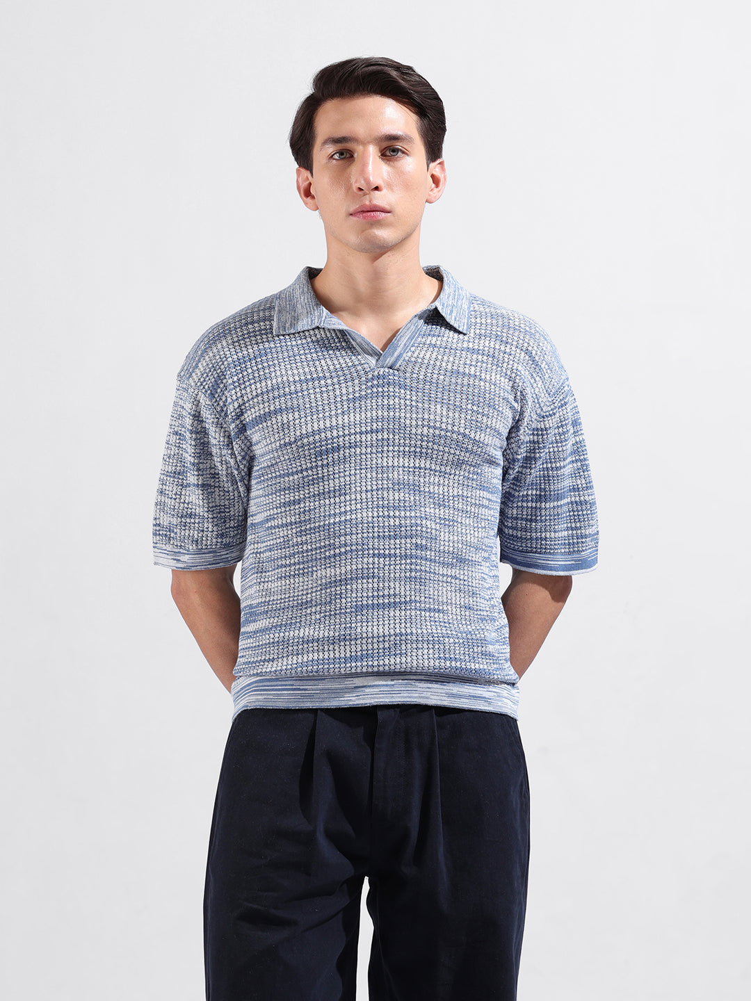 Men's Blue Oversized Fit Textured Flat Knit Polo Collar T-Shirt