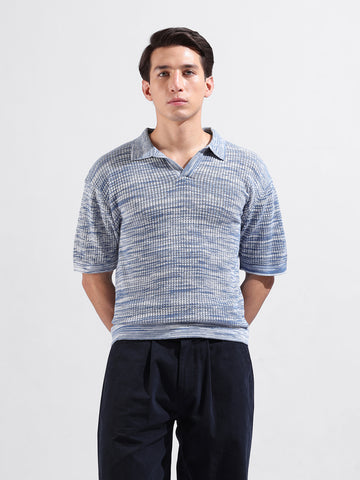 Men's Blue Oversized Fit Textured Flat Knit Polo Collar T-Shirt