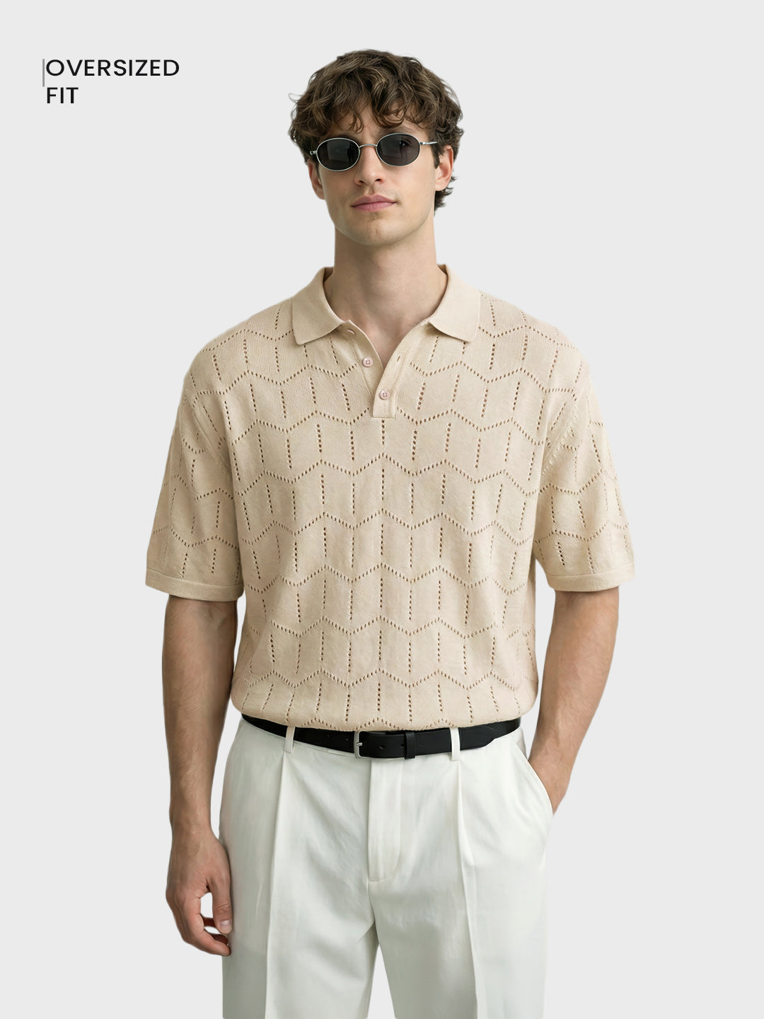 Men's Cream Oversized Fit Textured Flat Knit Polo T-Shirt