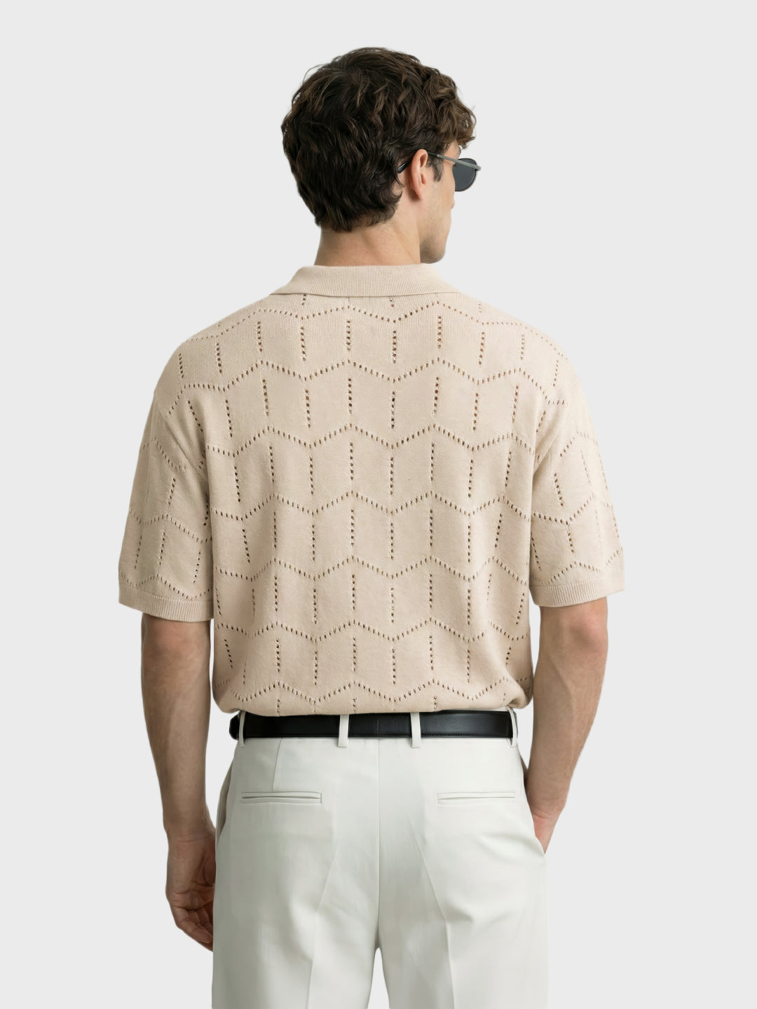 Men's Cream Oversized Fit Textured Flat Knit Polo T-Shirt