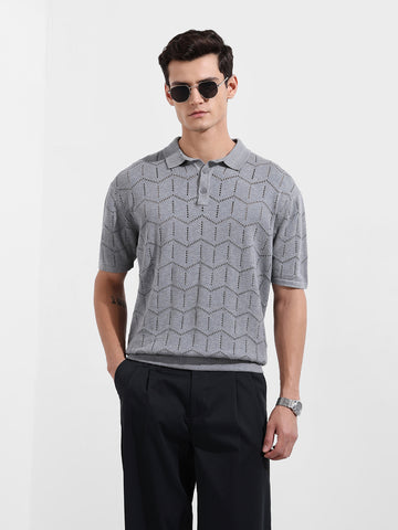 Men's Grey Melange Oversized Fit Textured Flat Knit T-Shirt