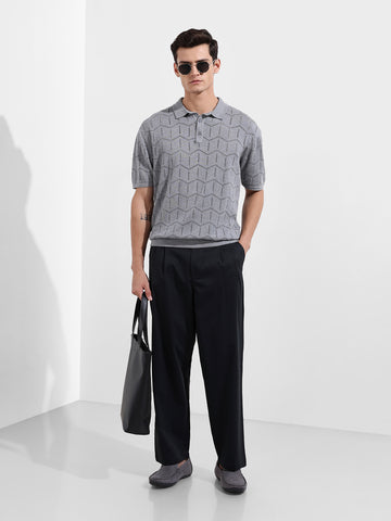 Men's Grey Melange Oversized Fit Textured Flat Knit T-Shirt
