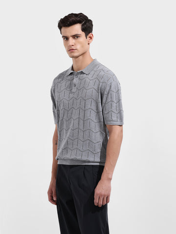 Men's Grey Melange Oversized Fit Textured Flat Knit T-Shirt