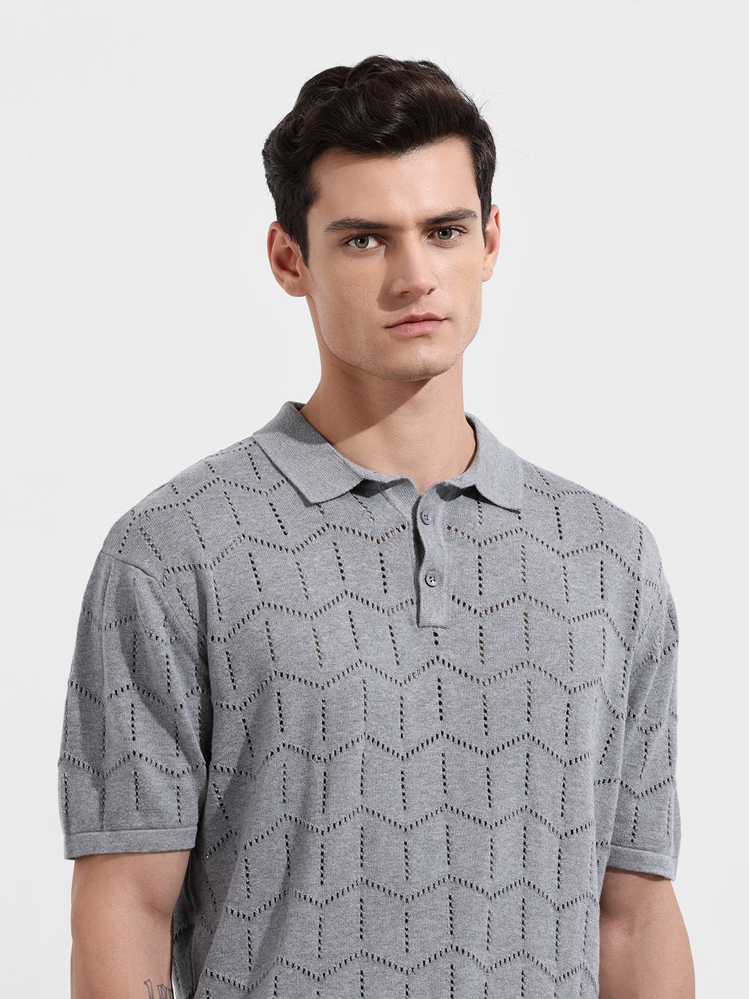 Men's Grey Melange Oversized Fit Textured Flat Knit T-Shirt