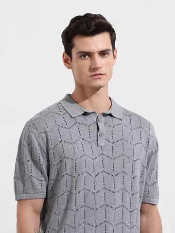 Men's Grey Melange Oversized Fit Textured Flat Knit T-Shirt