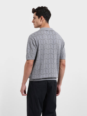 Men's Grey Melange Oversized Fit Textured Flat Knit T-Shirt