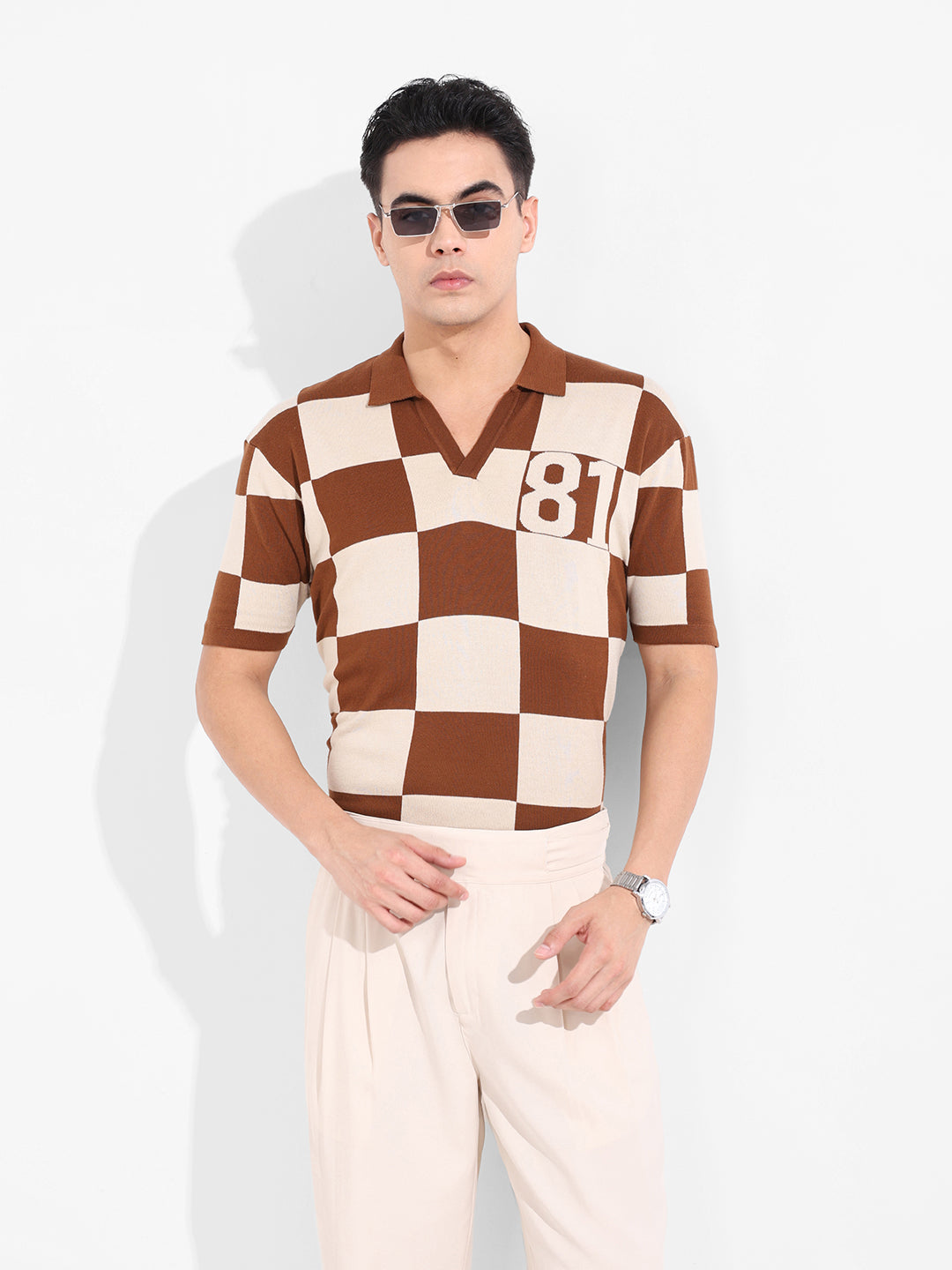 Men's Brown Oversized Fit Textured Flat Knit T-Shirt